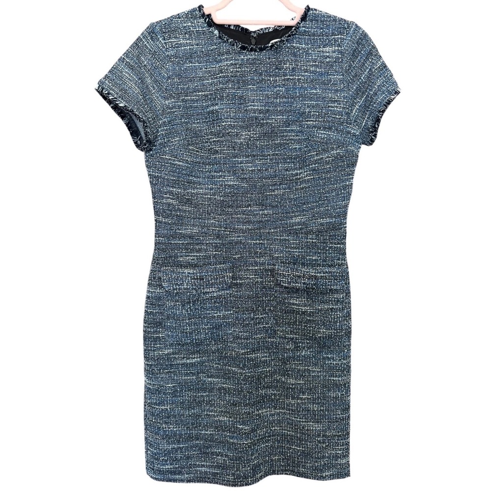 Loft Blue White Tweed Fringe Sheath Dress Womens 4P Petites Short Sleeve Pockets